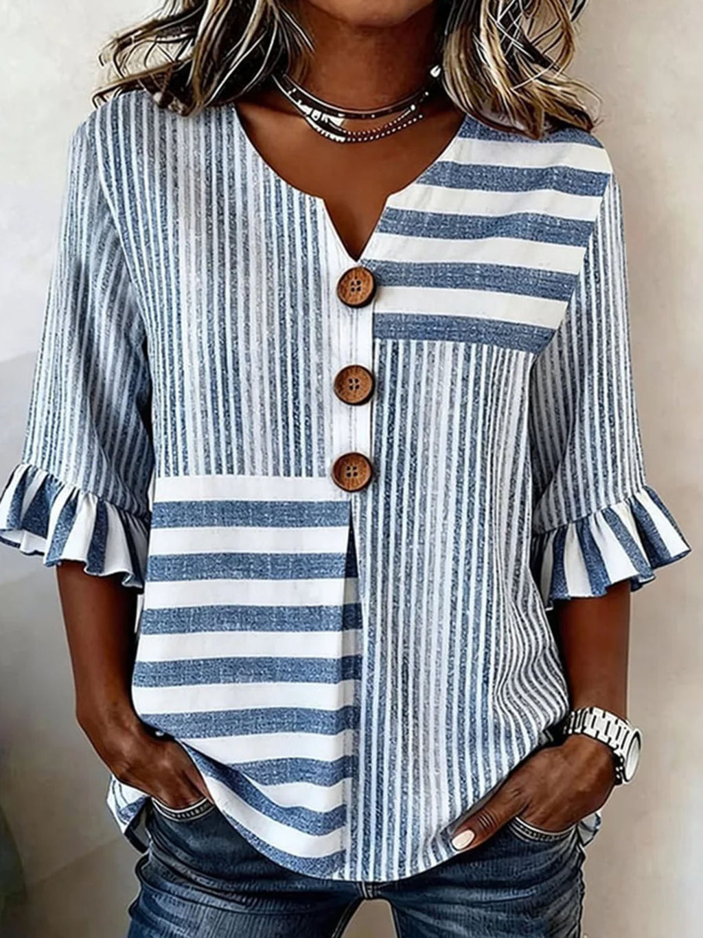 Women's Blue Striped Printed Half Sleeve Ruffle Cuff Blouse Summer V Neck Button Daily Going Out Vintage Top