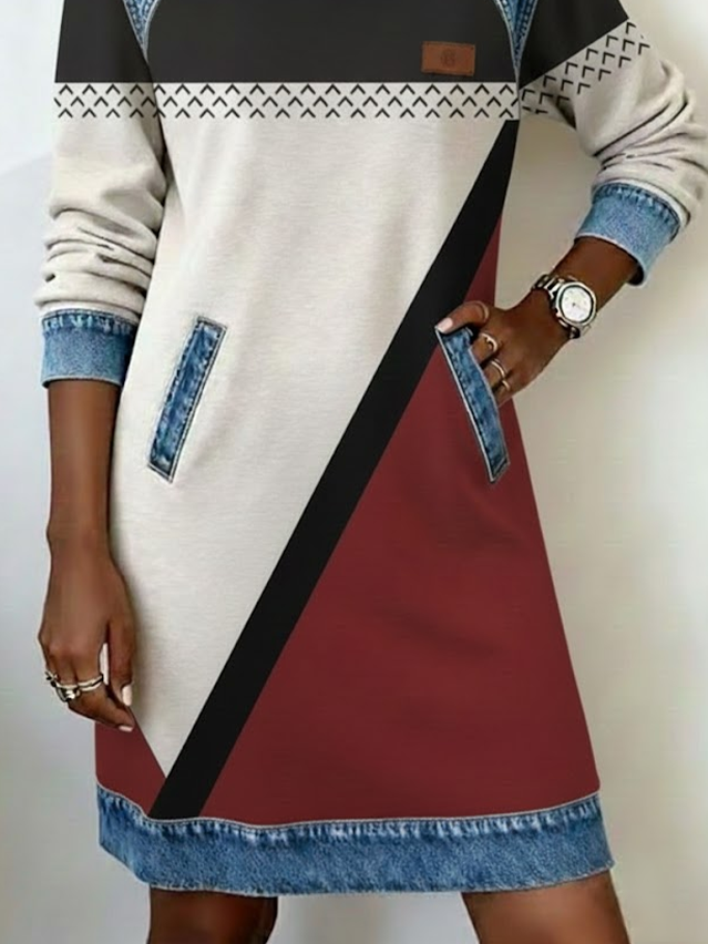 Women's Abstract Print Patchwork Denim Casual Dress
