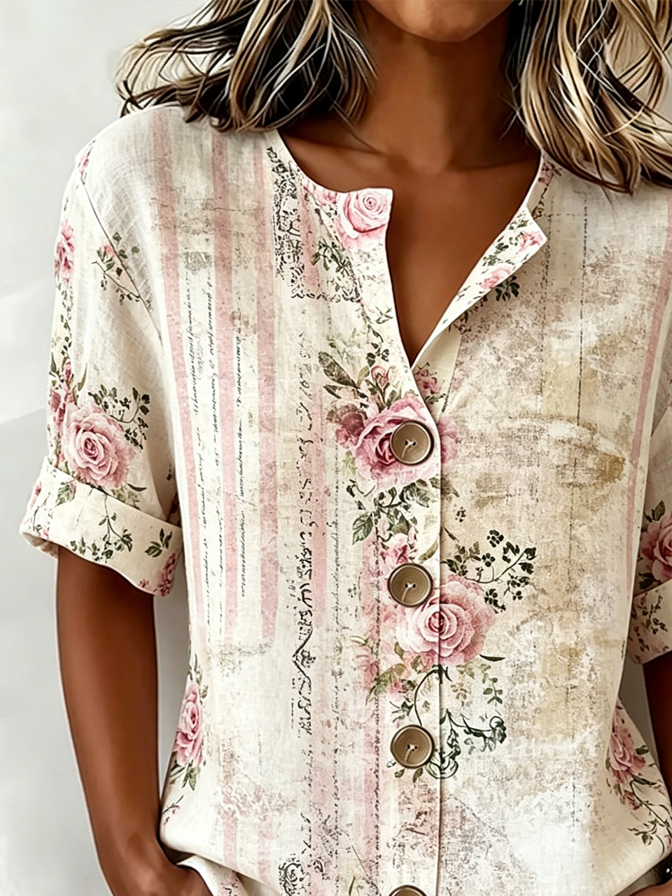 Women's Cream Rose Print Blouse Short Sleeve Button Down Casual Top