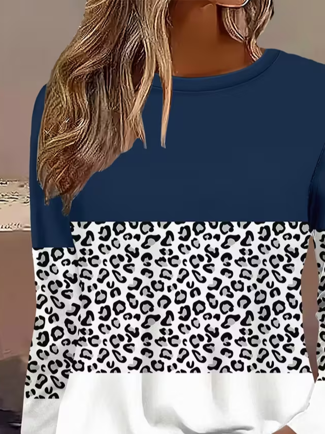 Women's Long Sleeve T-shirt Spring/Fall As Picture Leopard Printing Jersey Crew Neck Daily Going Out Casual Top
