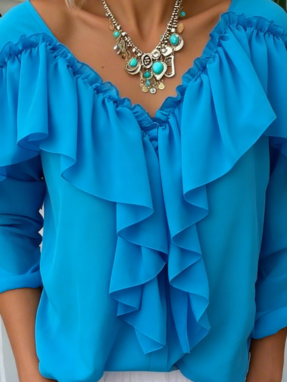 Loose Elegant Lotus Leaf Collar Balloon Sleeve Shirt
