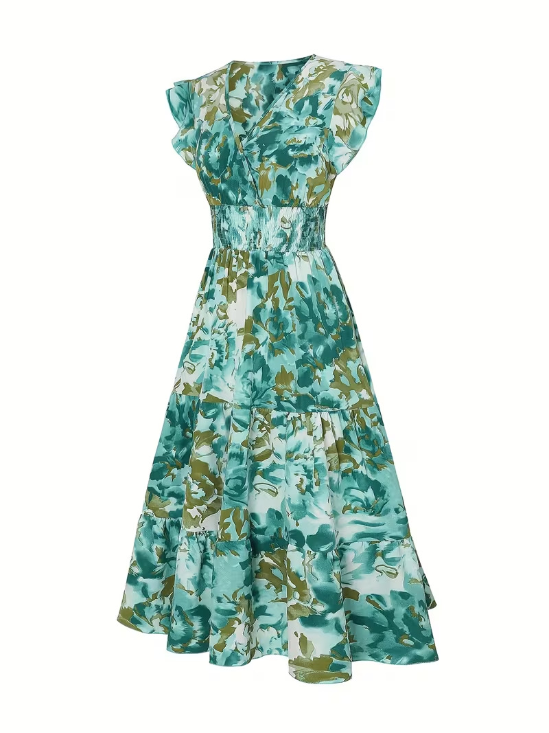 Abstract Foloral Print V Neck Ruffle Sleeve Smock Vacation Summer Going Out Maxi Dress