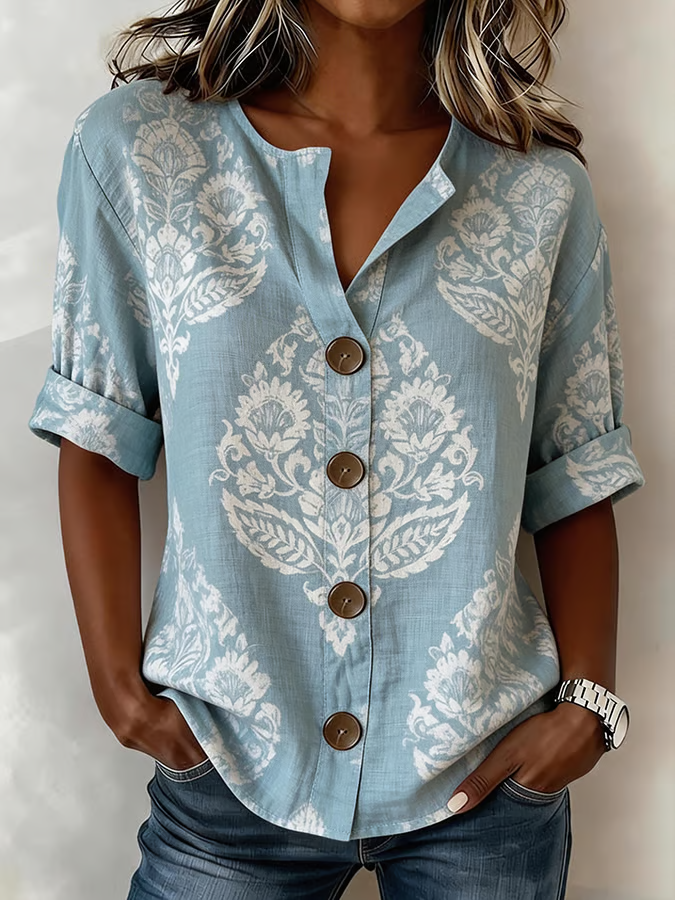 Women's Long Sleeve Shirt Spring/Fall Blue Floral Buckle Stand Collar Daily Going Out Casual Top
