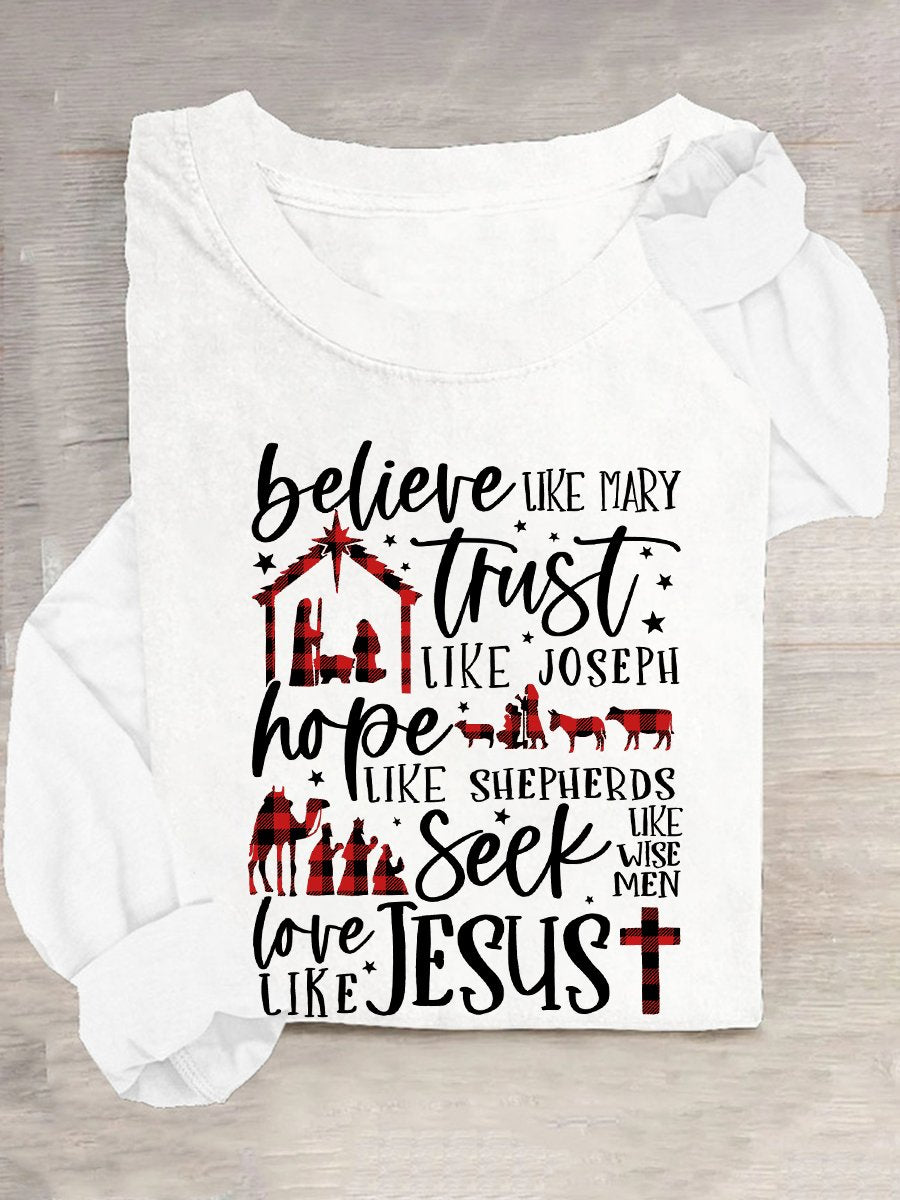 Believe Uke Mary Trust Like Joseph Hope Like Shepherds Seek Love Casual Long Sleeve Shirt