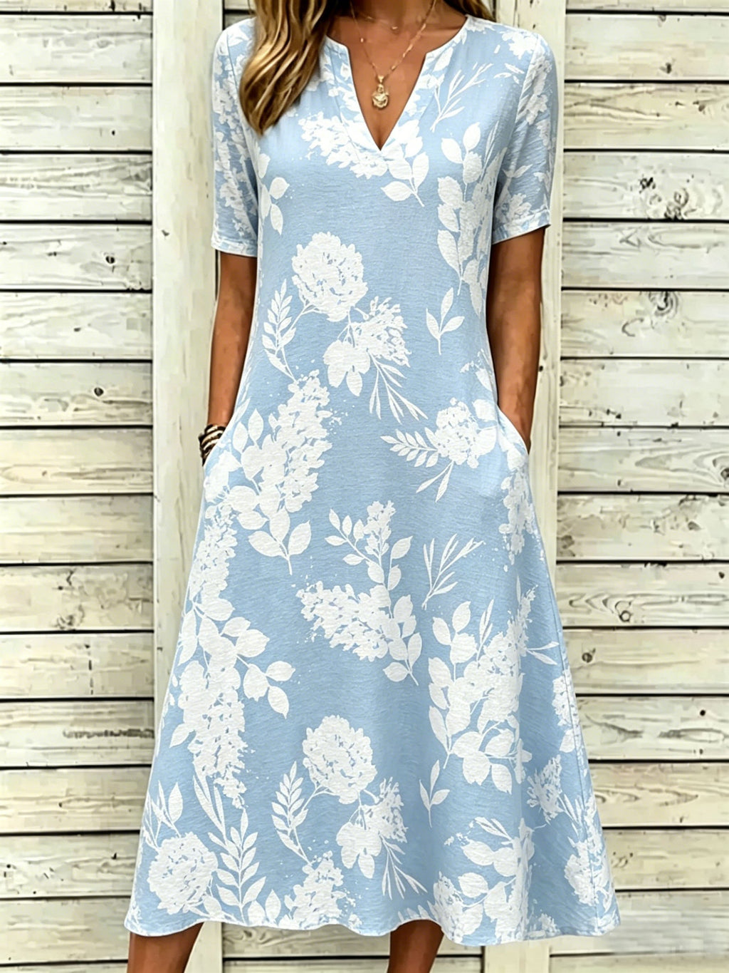 Elegant Blue Floral Print V Neck Short Sleeve Casual Maxi Dress