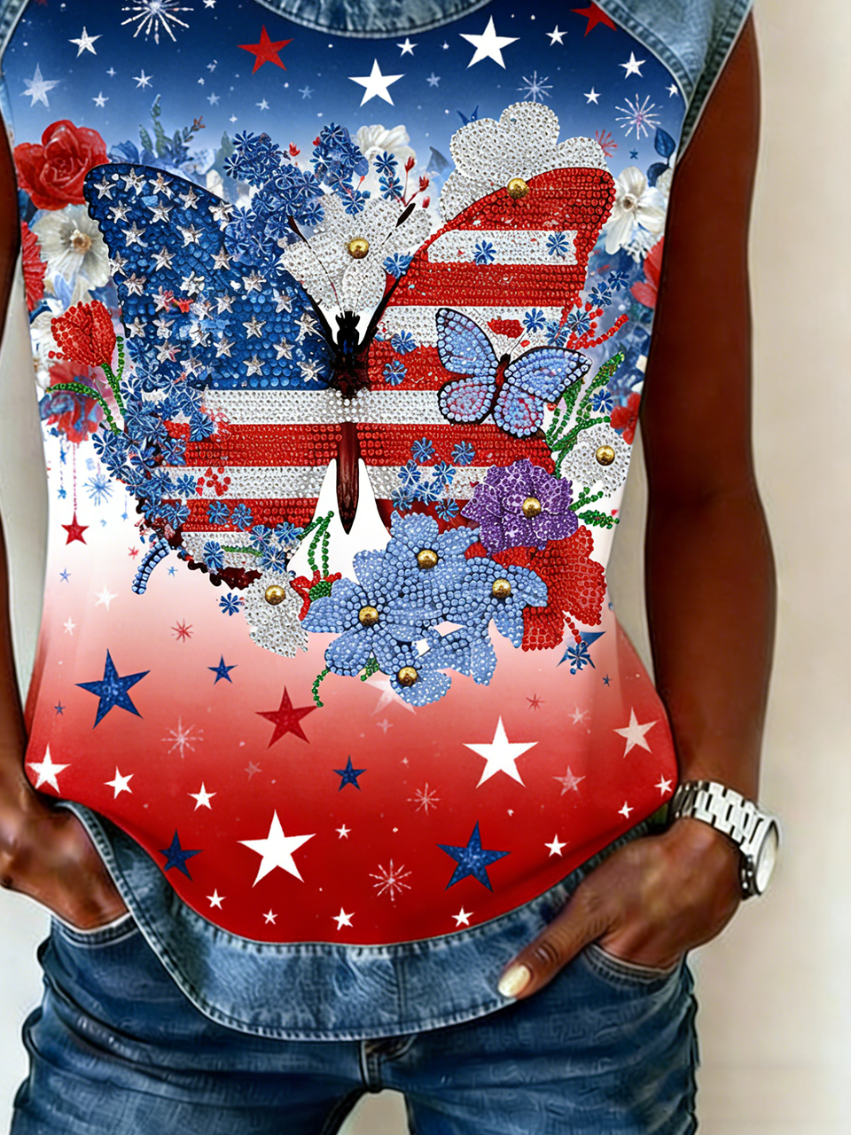 Crew Neck Butterfly Vintage Tank Top