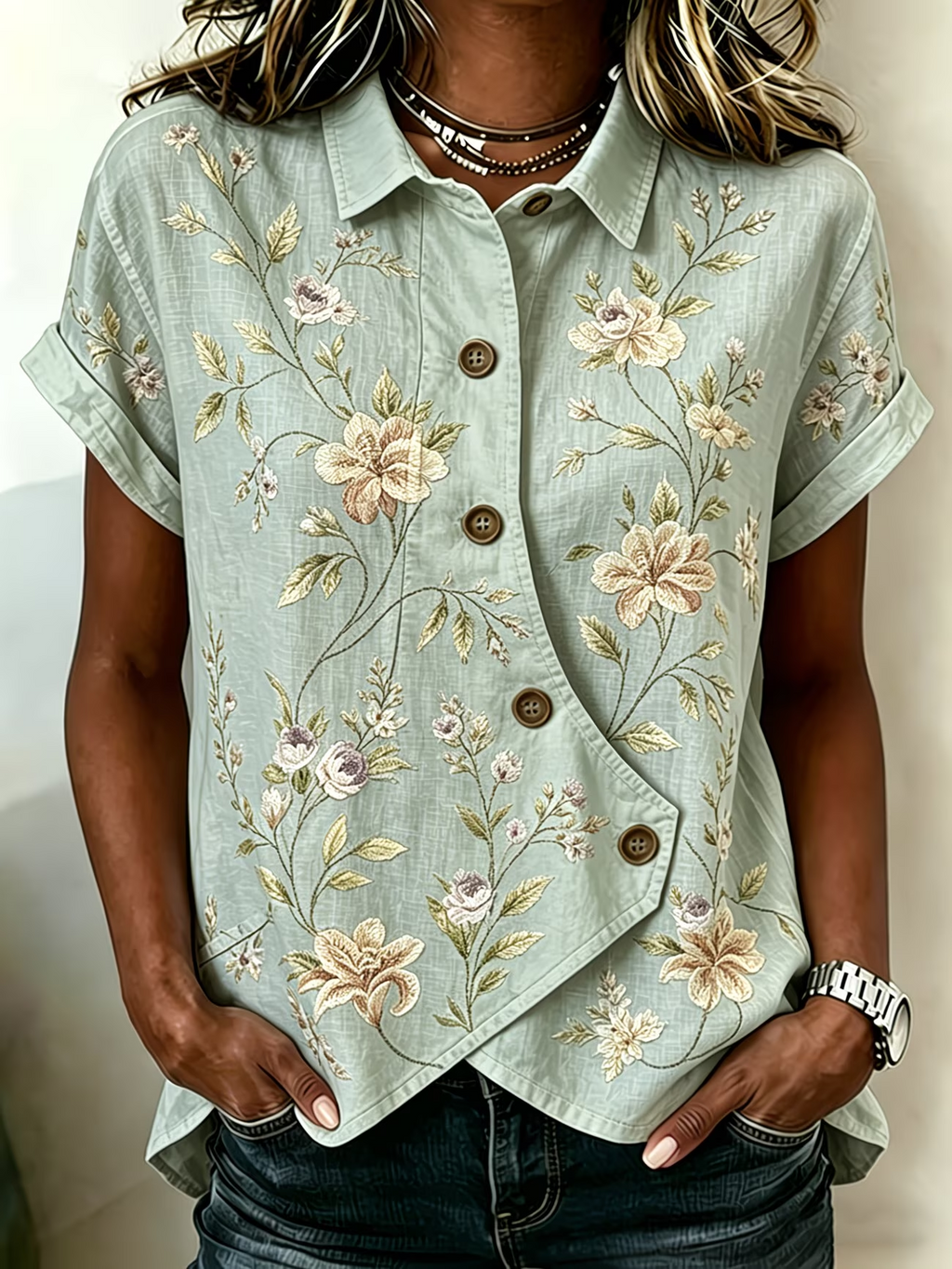 Women's Short Sleeve Shirt Summer Green Floral Printing Shawl Collar Daily Going Out Vintage Top
