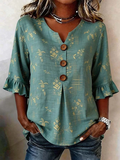 Women's Half Sleeve Blouse Summer Green Floral Printing V Neck Daily Going Out Vintage Top