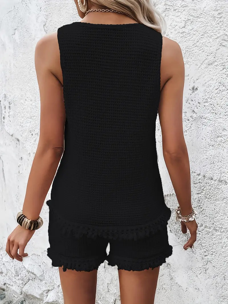 Knitted Crew Neck Sleeveless Top With Shorts Tassel Summer Two-Piece Set