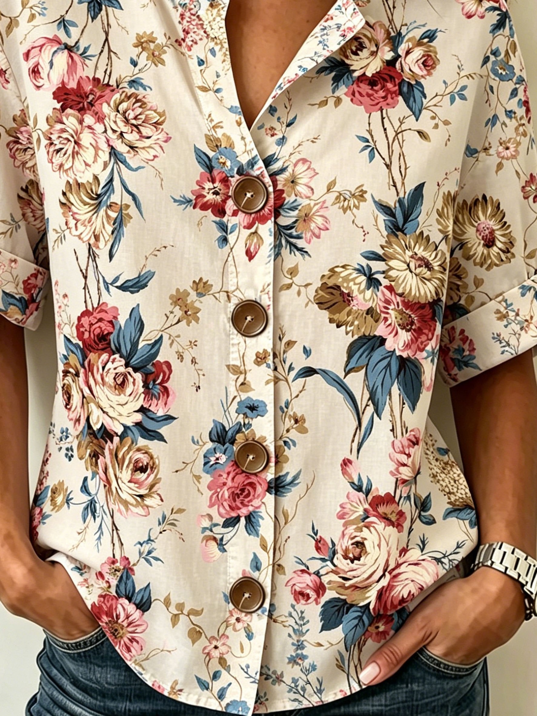 Vintage Floral Print Stand Collar Button Spring Summer Linen Blend Casual Shirt