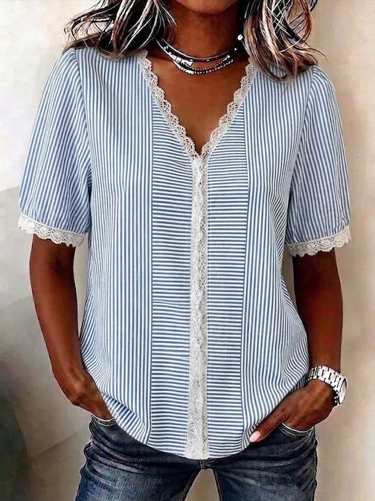 Casual Regular Fit V Neck Striped Blouse