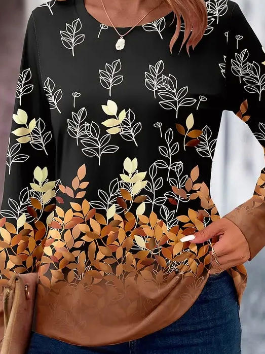 Women's Plant Gradient Pattern Round Neck Long Sleeve T-shirt