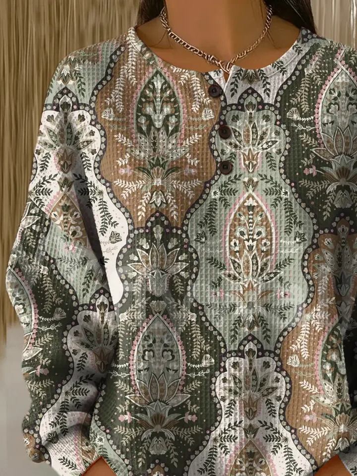 Women's Flowers Print Button-Up Casual Waffle Knit Sweatshirt