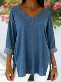 Denim Look/Denim Effect V Neck Ruffle Cuff Spring Summer Casual Top