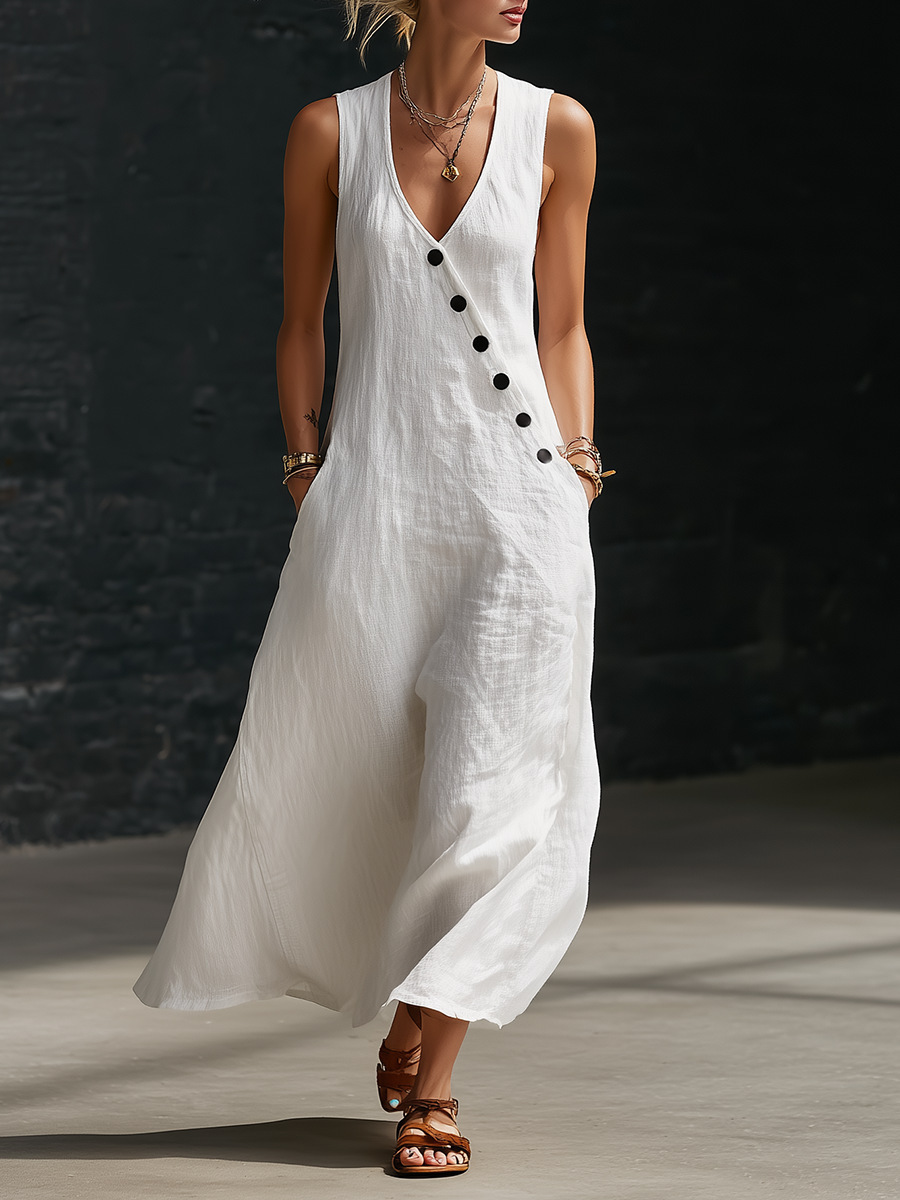 Women Cotton Linen Sleeveless V-Neck Button Vacation Going Out Maxi Dress