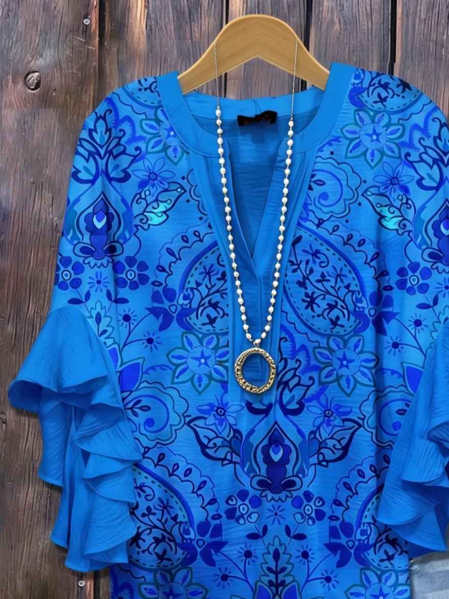 Women's Half Sleeve Shirt Summer Blue Floral Printing V Neck Daily Going Out Casual Top