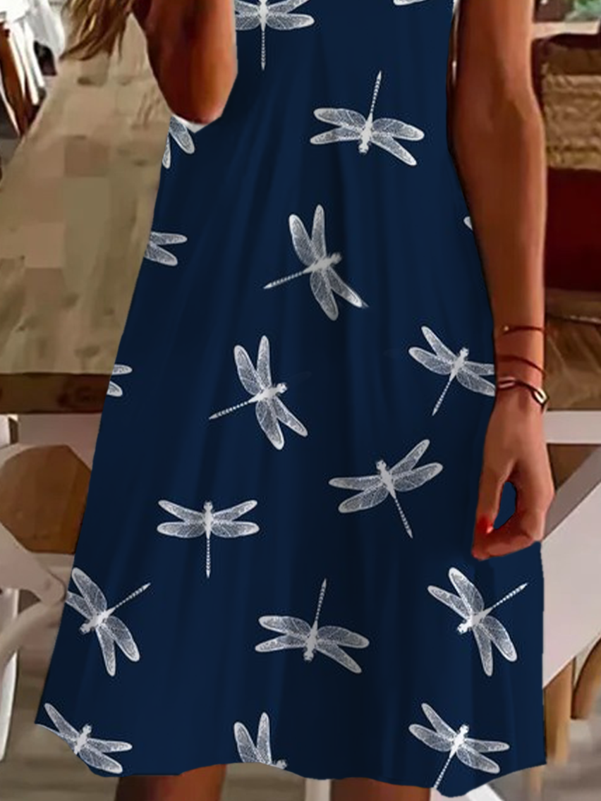 Women's Dragonfly Print Casual V-Neck Short Sleeve Dress