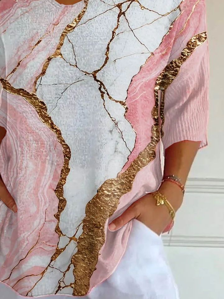 Women's Three Quarter Sleeve T-shirt Spring/Fall Pink Abstract Printing V Neck Daily Going Out Casual Top