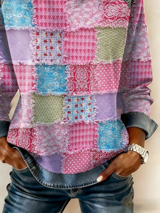 Women's Abstract Stripes Print Patchwork Denim Crewneck Long-Sleeved Sweatshirt