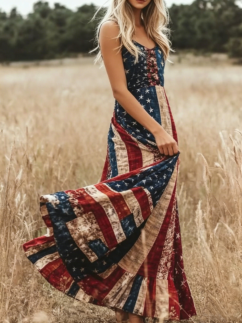 Women America Flag Summer Dress V Neck Sleeveless A-Line Dress