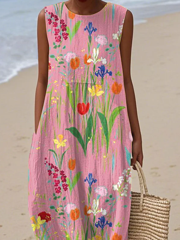 Women's Sleeveless Summer Pink Floral Printing Crew Neck Daily Going Out Casual Maxi H-Line Tank Dress