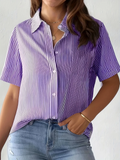 Women's Short Sleeve Shirt Summer Purple Striped Printing Shirt Collar Daily Going Out Casual Top