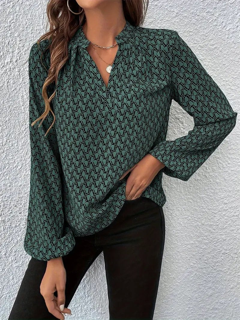 Women's Long Sleeve Shirt Spring/Fall Green Geometric Split Joint V Neck Balloon Sleeve Daily Going Out Casual Top