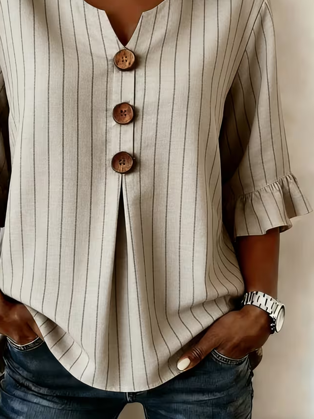 Women's Half Sleeve Blouse Summer Khaki Striped Printing V Neck Daily Going Out Vintage Top