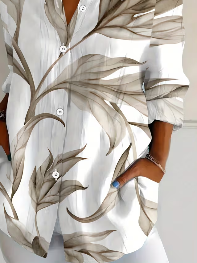 Women's Long Sleeve Shirt Spring/Fall White Plants Buckle Shirt Collar Regular Sleeve Daily Going Out Casual Top