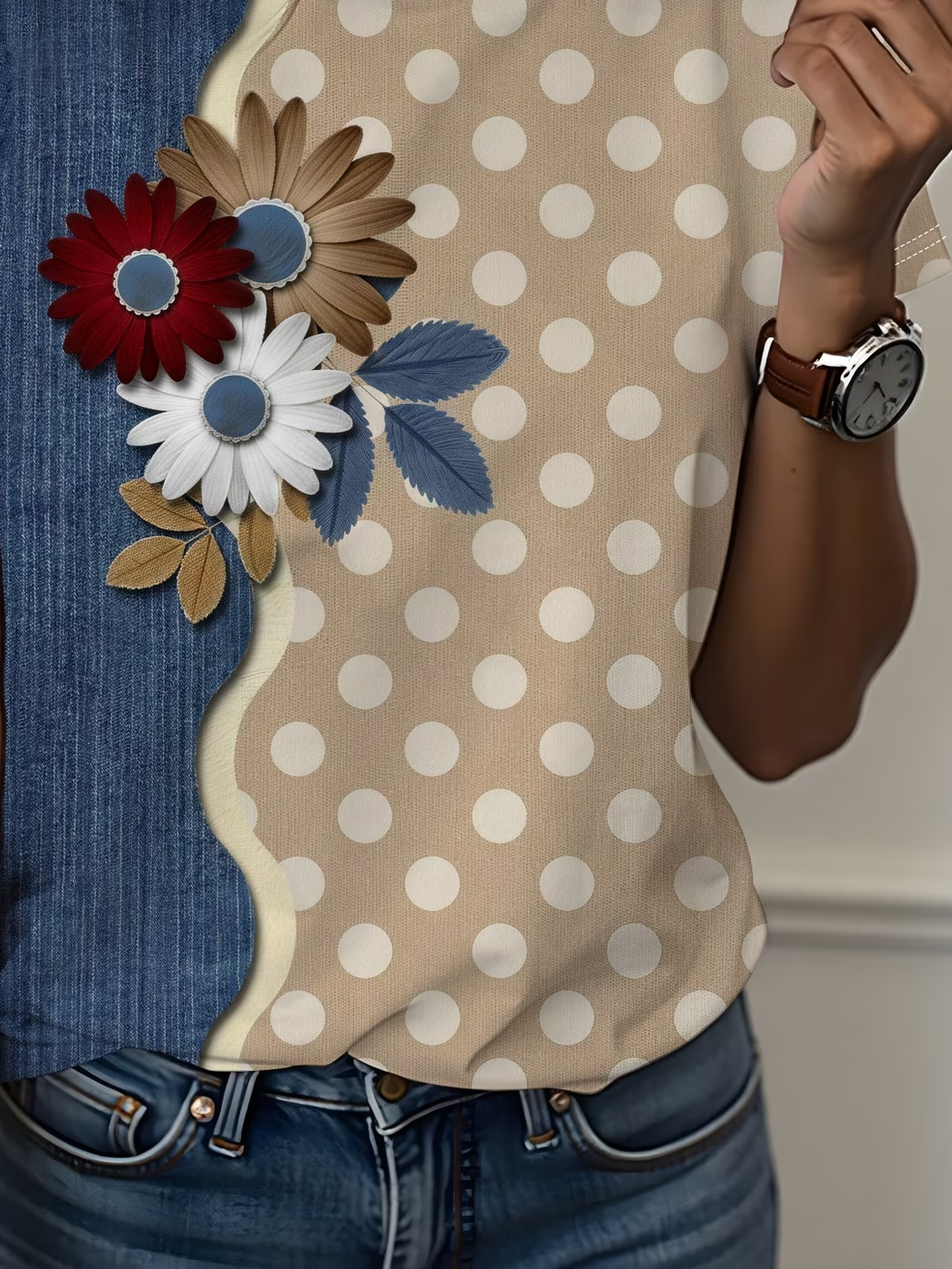 Women's Short Sleeve T-shirt Summer As Picture Faux Denim Print Graphic Printing Jersey Crew Neck Daily Going Out Casual Top
