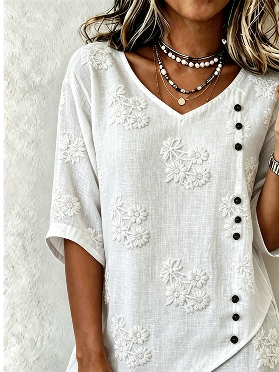 Loose Elegant V Neck Botanical Pattern Shirt