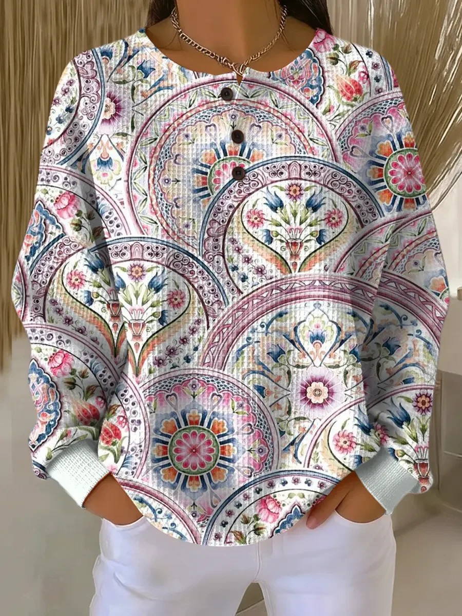 Women's Flowers Print Button-Up Casual Waffle Knit Sweatshirt