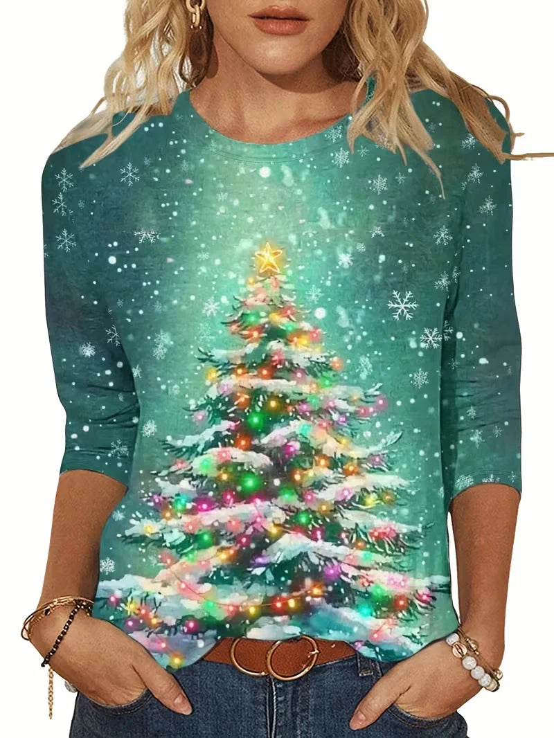 Women's Long Sleeve T-shirt Spring/Fall Green Christmas Jersey Crew Neck Daily Going Out Casual Top