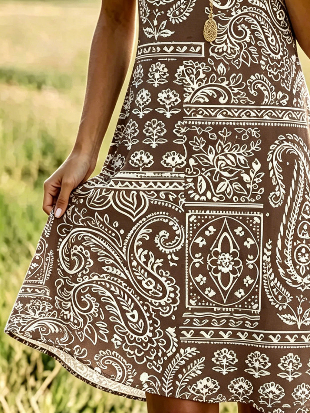 Women's Vintage Paisley Cashew Floral V-Neck Short-Sleeve Casual Dress
