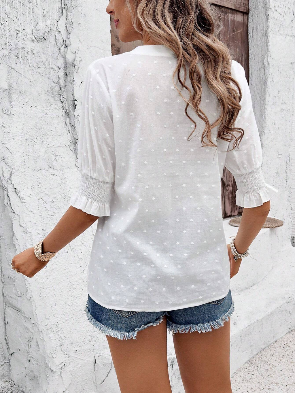 Embroidery Patterns V Neck Puff Short Sleeve Casual Blouse