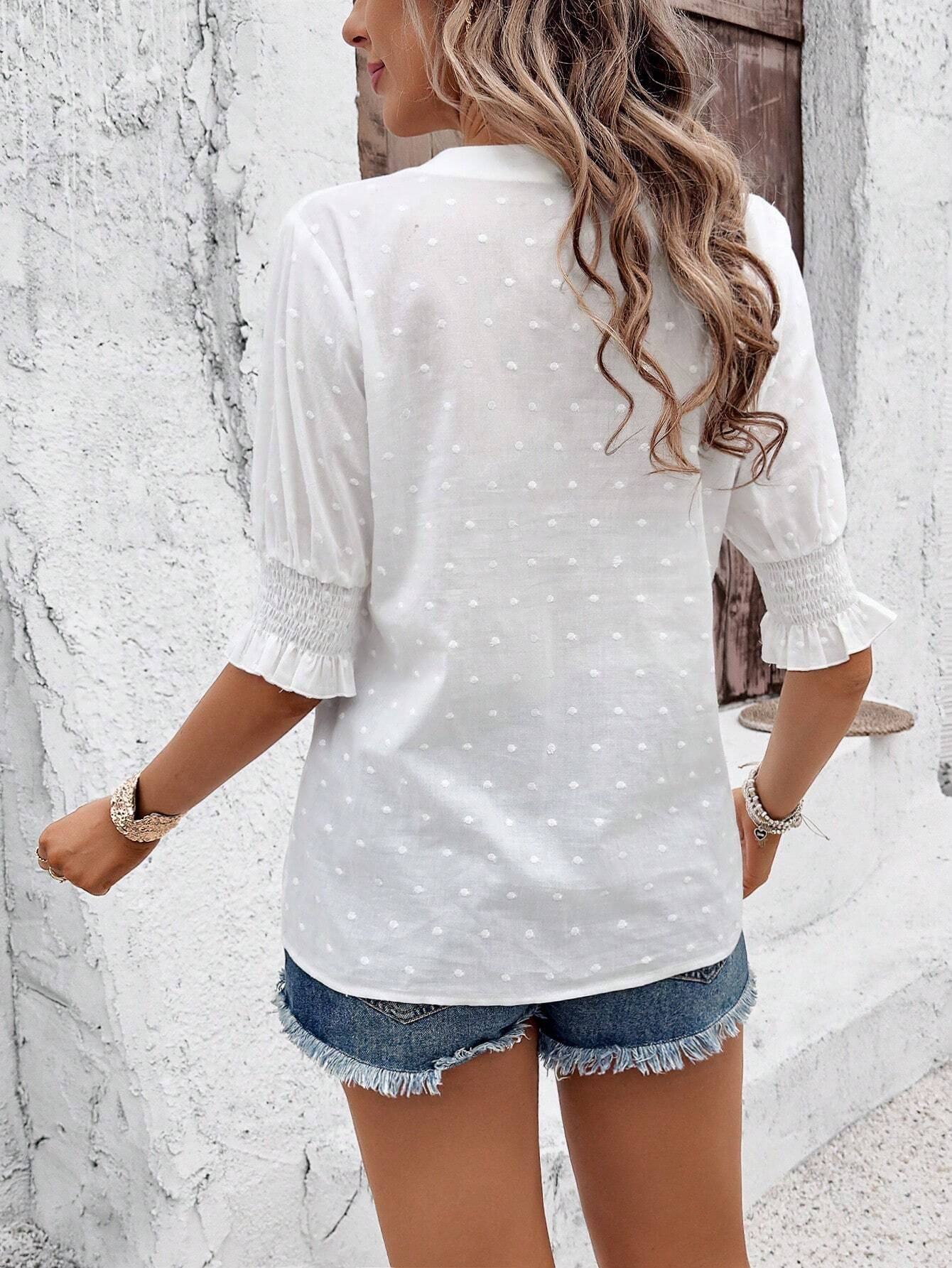 Embroidery Patterns V Neck Puff Short Sleeve Casual Blouse