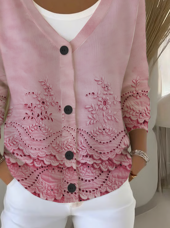 Women's Floral Print Casual Long Sleeve V-Neck Knitted Button Cardigan