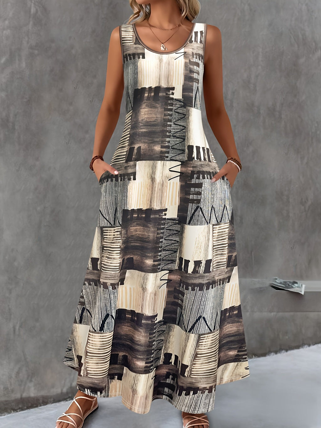 Elegant Geometric Crew Neck Loose Dress With No