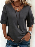 Ruffle Sleeve Elegant Loose Cotton Plain T-Shirt