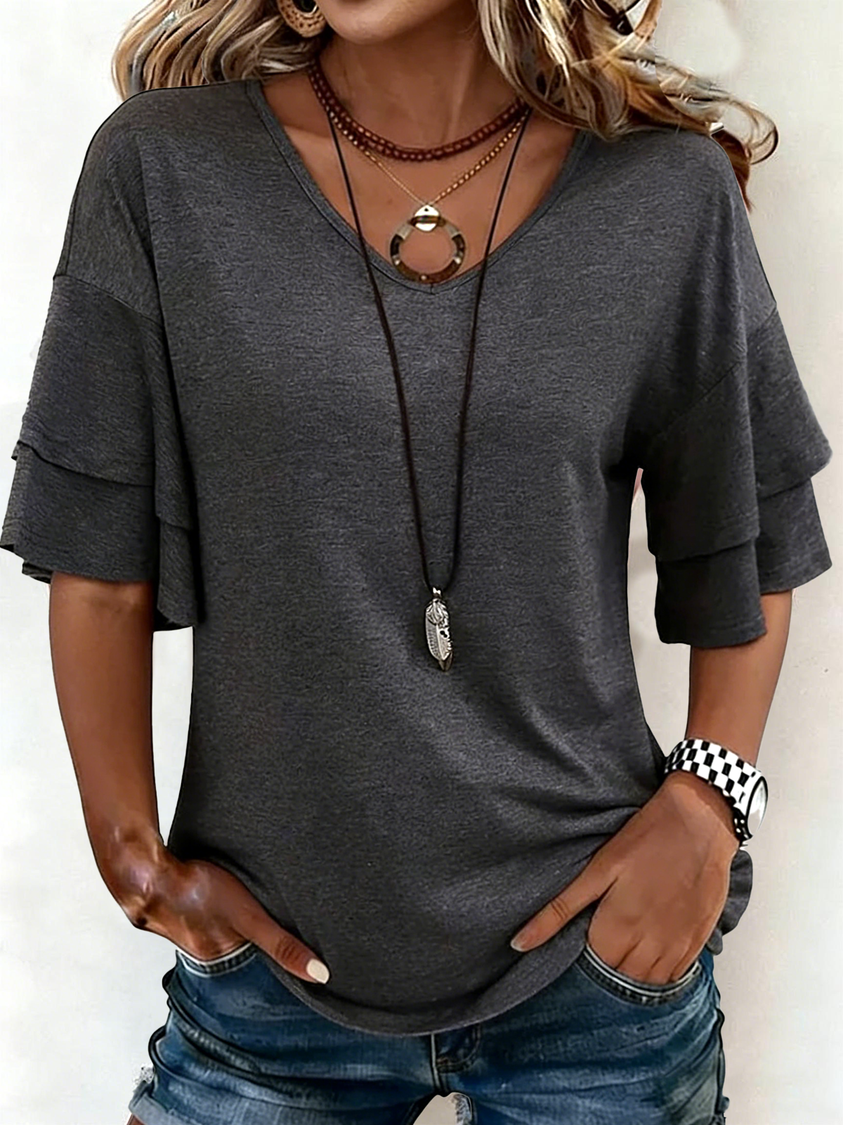 Ruffle Sleeve Elegant Loose Cotton Plain T-Shirt