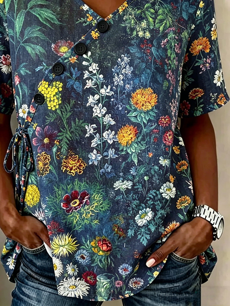 Crew Neck Elegant Floral Loose Shirt