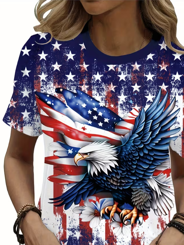 Women's Short Sleeve T-shirt Summer Blue America Flag Printing Jersey Crew Neck Daily Going Out Casual Top