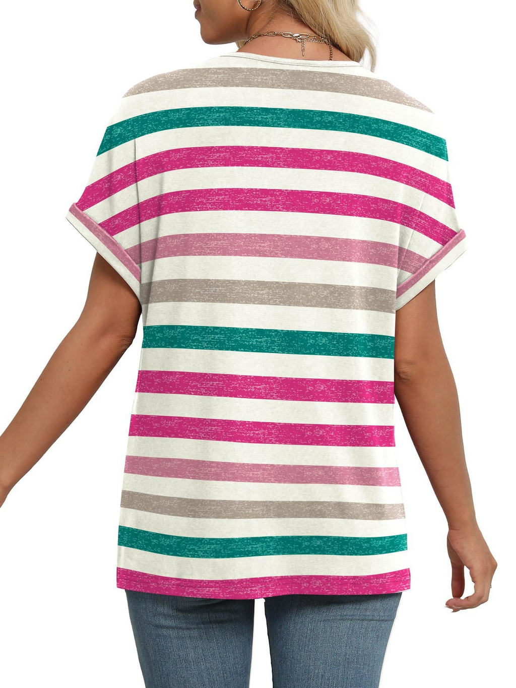 Striped Top Short Sleeve V Neck Casual T-Shirt