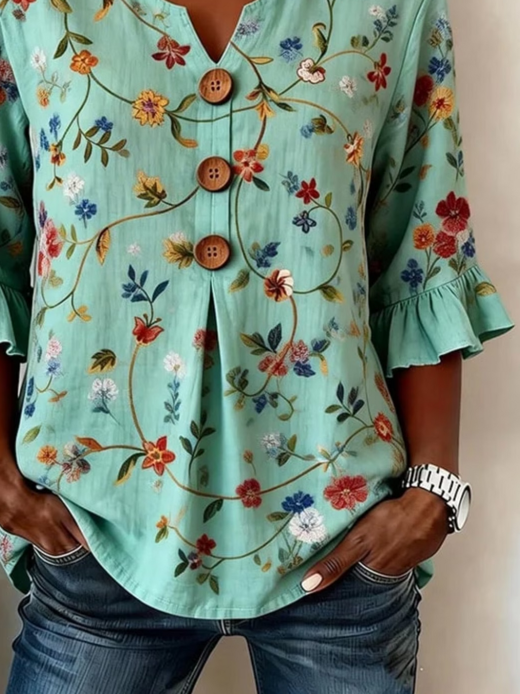 Women's Half Sleeve Blouse Summer Green Floral Printing V Neck Daily Going Out Vintage Top