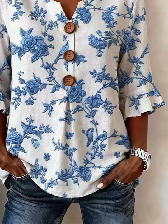 Women's Half Sleeve Blouse Summer White Floral Printing V Neck Daily Going Out Vintage Top