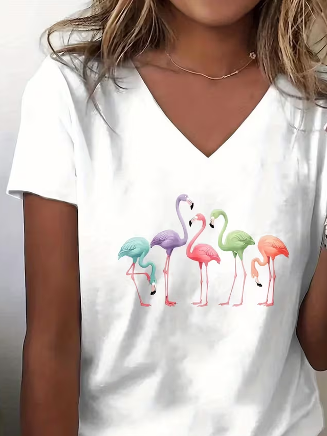 Women's Short Sleeve T-shirt Summer White Flamingo Printing V Neck Holiday Going Out Vintage Top