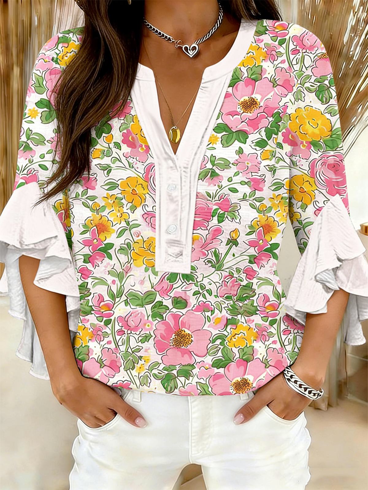 Floral Casual V Neck Shirt