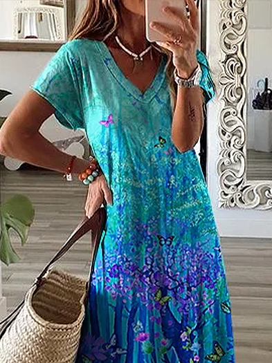 Women's Floral Print Casual V-Neck Short Sleeve Dress