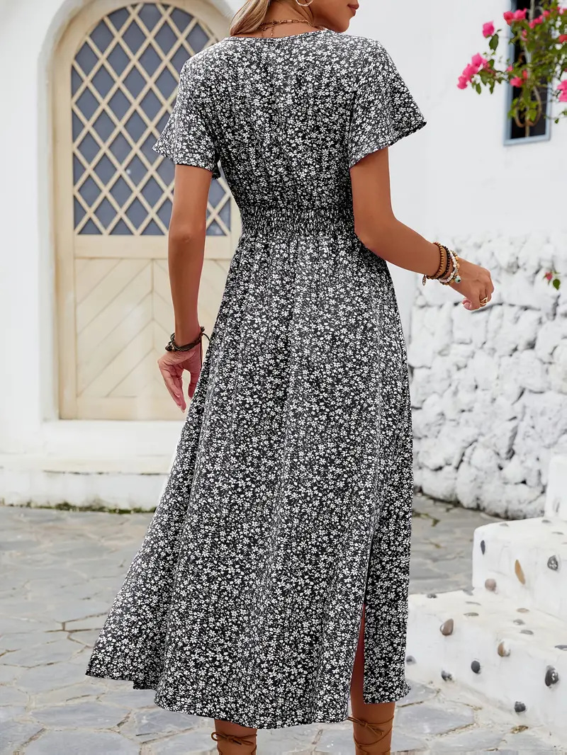 Floral Printed V Neck Short Sleeve Smock Detail Spring Summer Casual Maxi Dress
