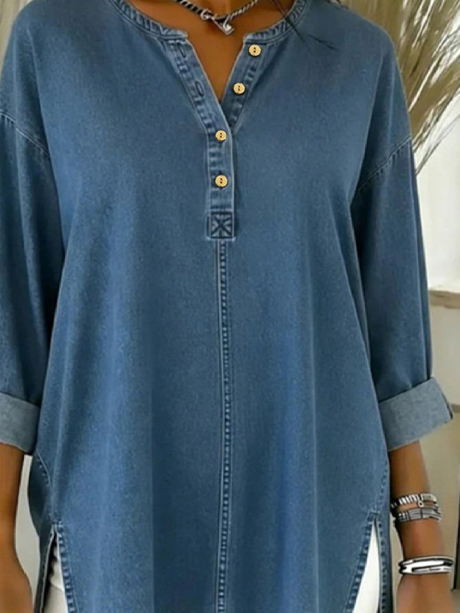 Washed Denim Crew Neck Button Going Out Casual Blouse